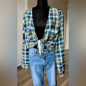 SHEIN Plaid Tie-Front Crop Top - Blue and Green